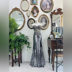 Silver Sequin Strapless Mermaid Gown - Night Moves - Formal Evening Dress